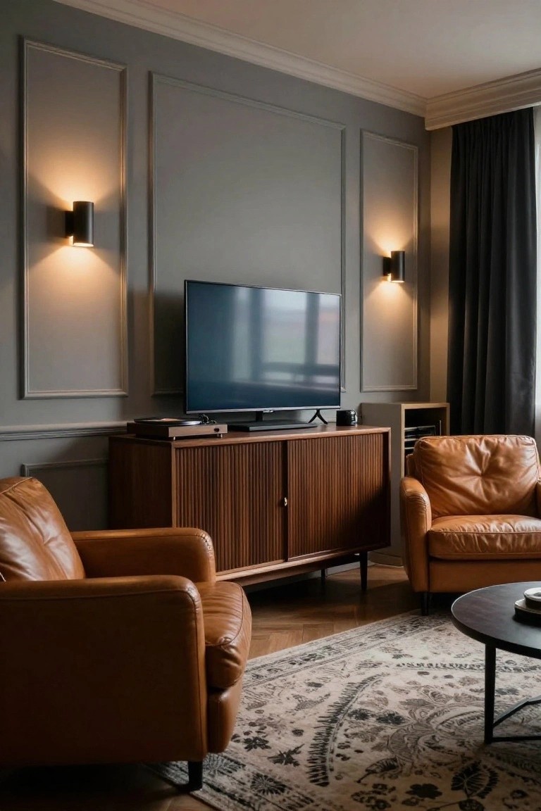 A living room featuring gray paneled walls with two lit wall sconces, a wooden media console with a television, and brown leather armchairs arranged on a patterned rug.