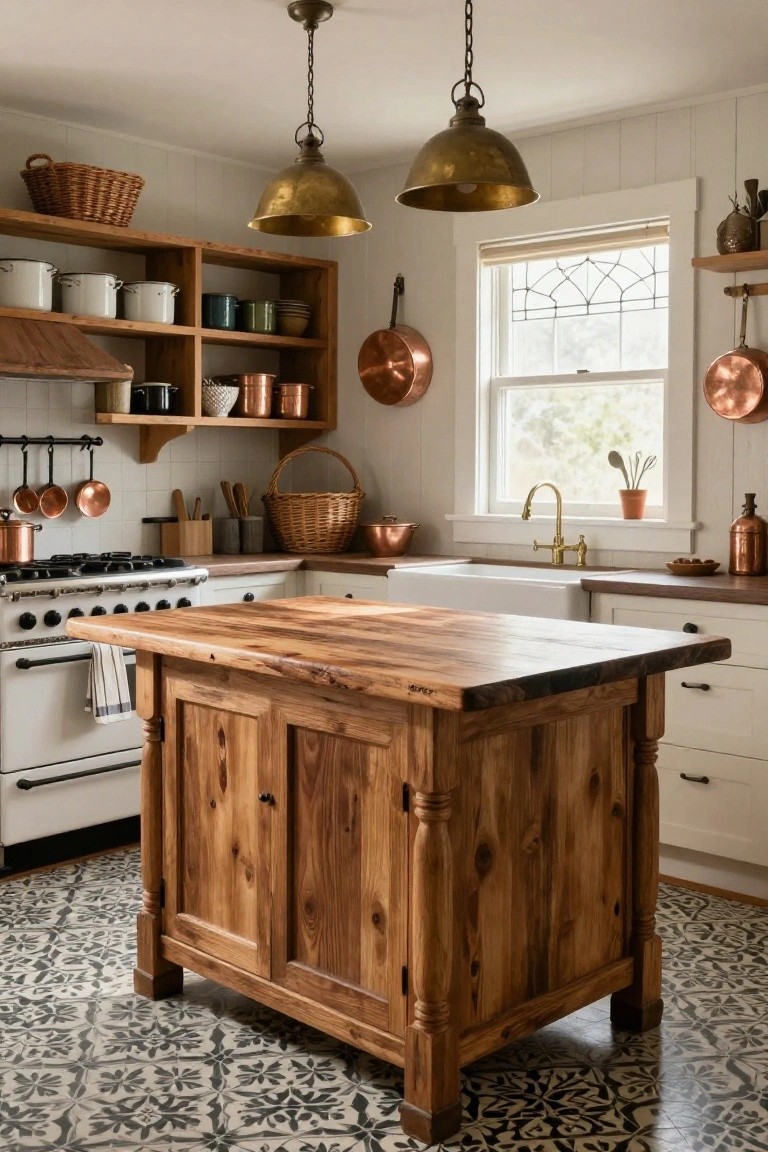 A rustic kitchen with a large wooden island, white cabinets, copper cookware, open shelving, and a farmhouse sink beneath a window.
