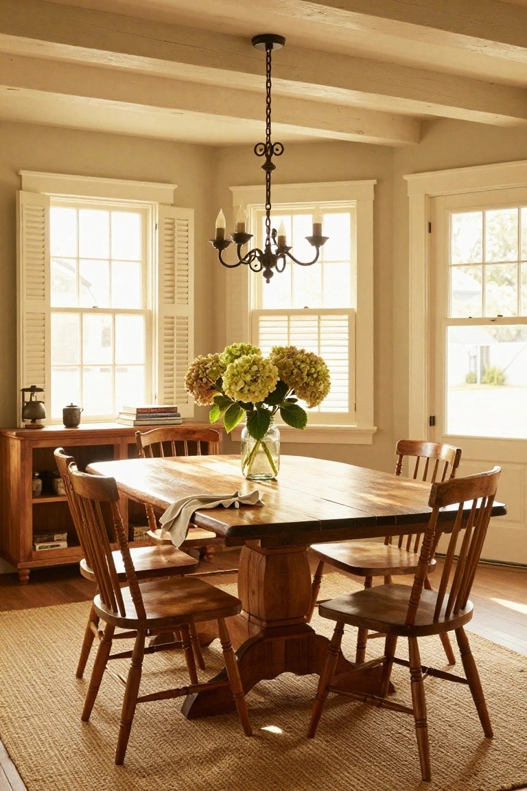 A rustic dining room with a large wooden pedestal table, wooden chairs, a vase of hydrangeas, and windows with white shutters.