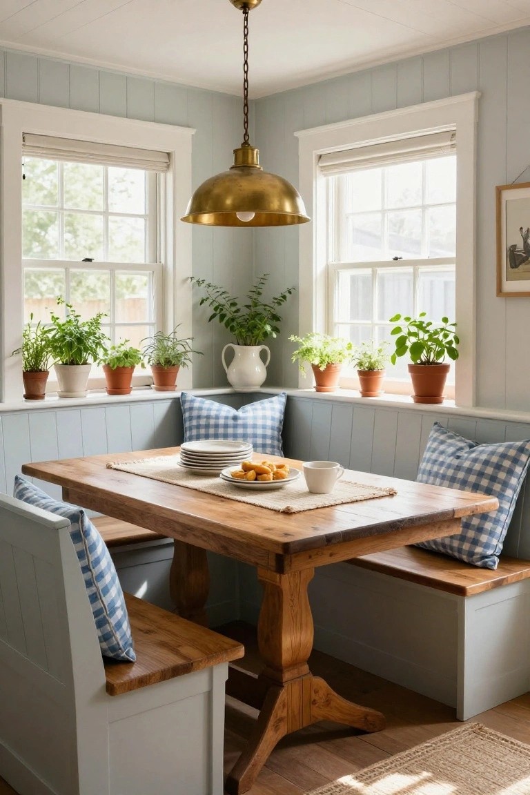 A rustic wooden dining table with built-in white benches and blue checkered cushions sits in a light blue paneled room, surrounded by windows with potted plants on the sills and a brass pendant light overhead.