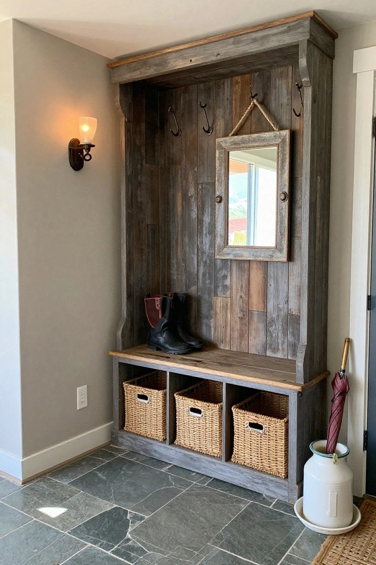 A rustic wooden entry bench with three woven baskets in the cubbies, black boots on the seat, wall hooks above, and a small framed mirror mounted on the back panel.