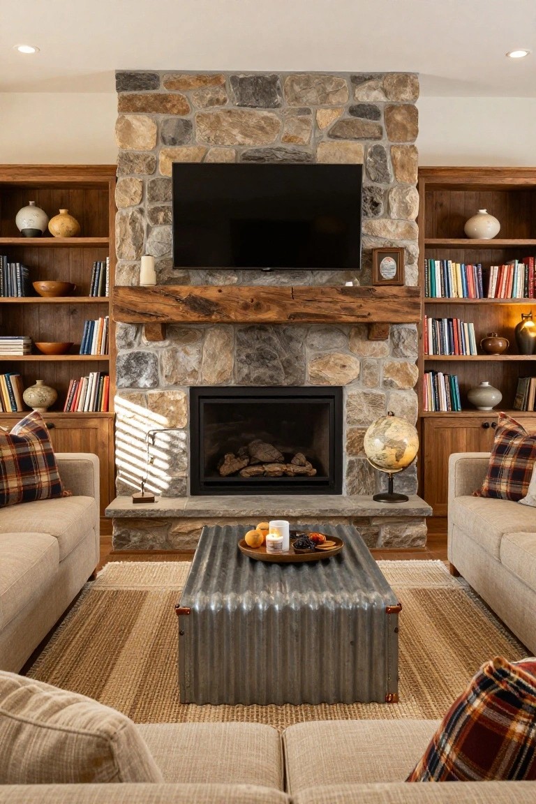 Rustic living room with stone fireplace, mounted TV, bookshelves, sofas, and metal coffee table.