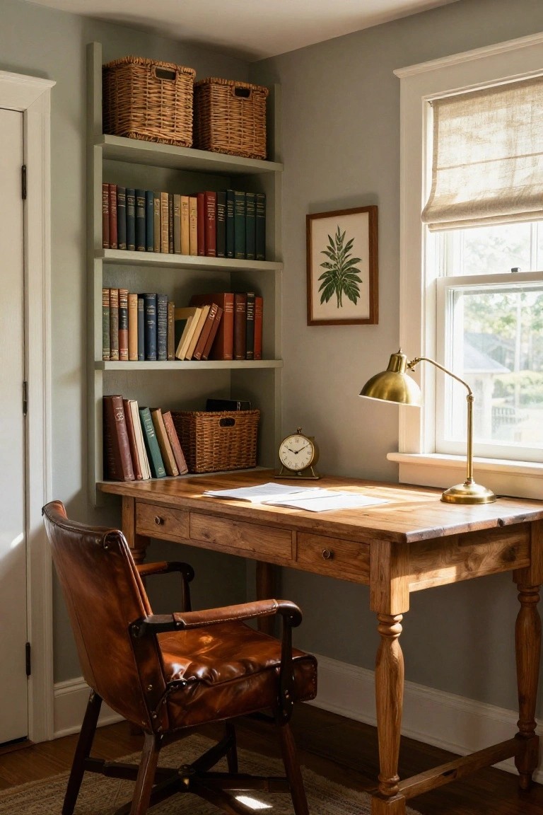 A wooden desk with a brown leather chair sits below built-in shelves holding books and wicker baskets next to a window with a brass lamp on the desk.