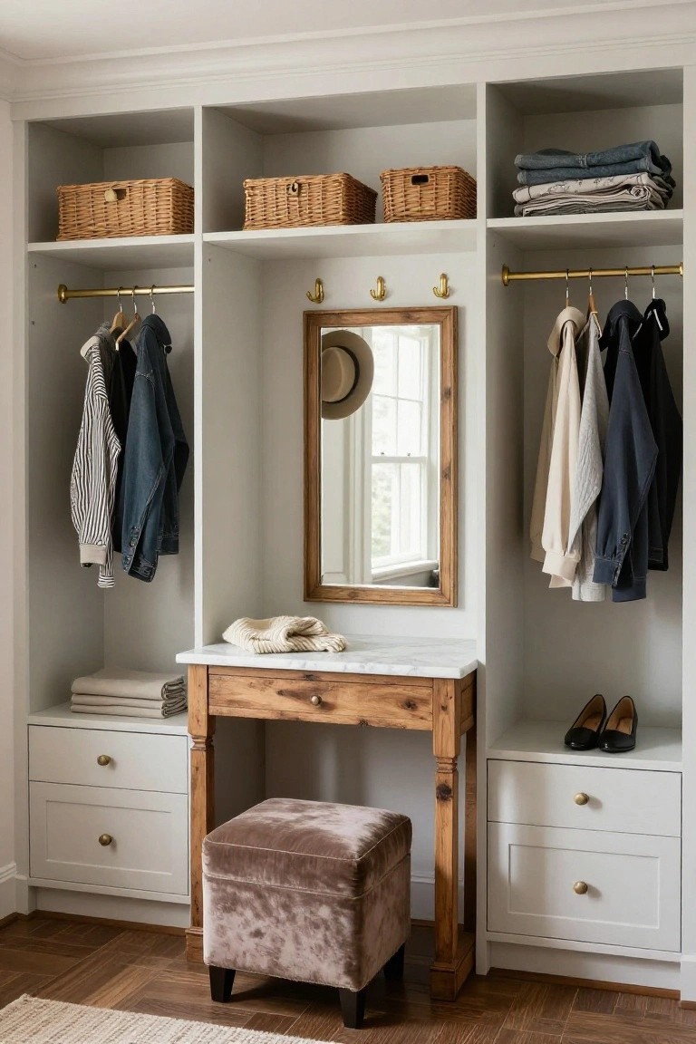 A built-in closet with white cabinetry, wooden rods holding clothes, wicker baskets on top shelves, a central wooden vanity with marble top and framed mirror, and a velvet stool in front.