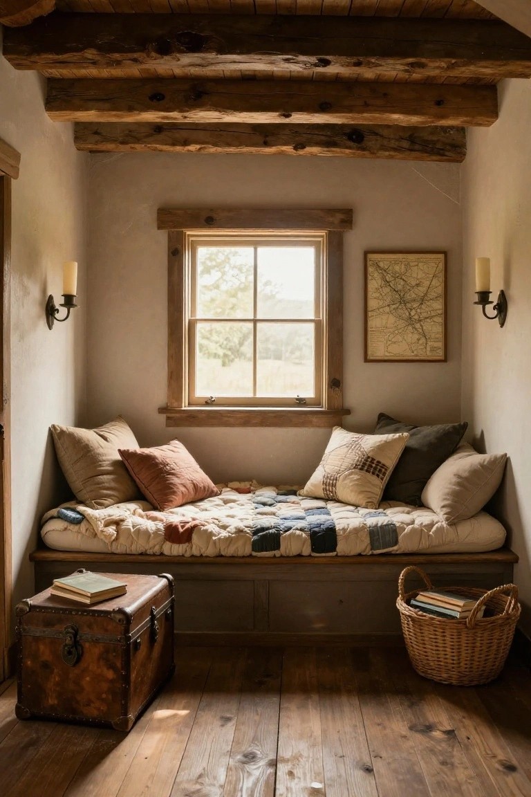 Interior view of a rustic room with a wooden built-in window seat bed topped with a patchwork quilt and pillows, flanked by wall sconces and a framed map.