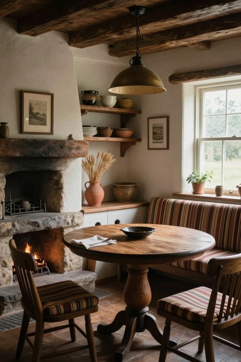 A round wooden dining table sits in front of a stone fireplace with open wooden shelves above and a striped bench along the wall under a window.