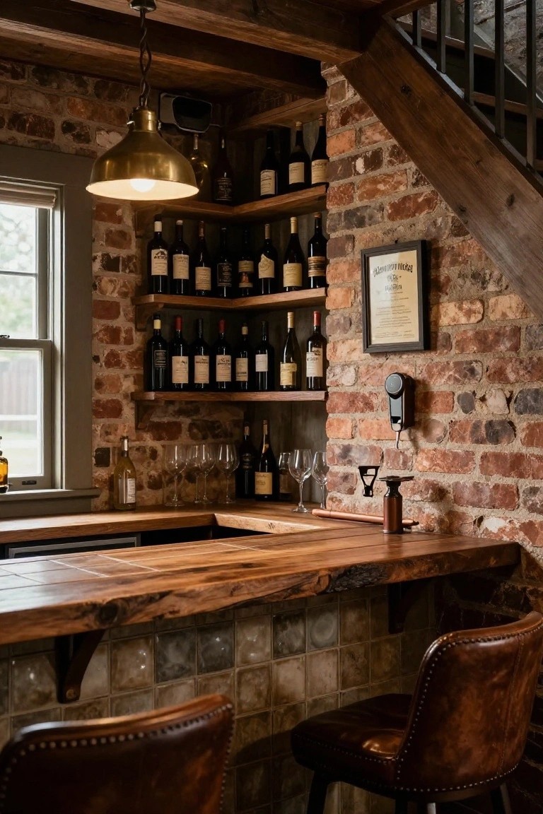 A home bar area featuring a wooden counter, exposed brick walls, wooden shelves with wine bottles, and brown leather bar stools.