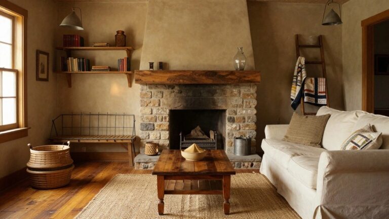 19 Rustic Southern Interior Design Ideas with Authentic Country Warmth Cozy living room with stone fireplace, white sofa, wooden coffee table on jute rug.