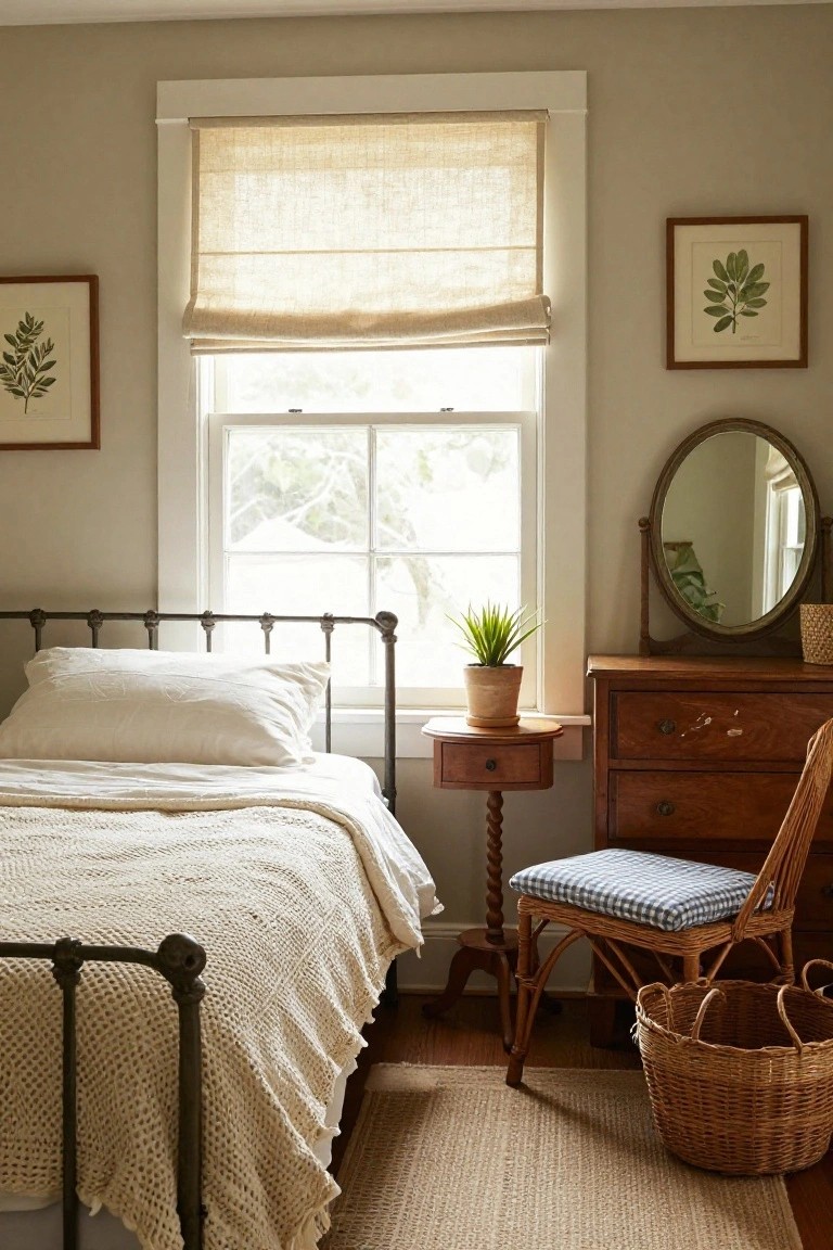 A bedroom interior showing a metal bed with white linens, a small wooden side table holding a potted plant, a window fitted with a rolled-up beige linen Roman shade, and a wooden dresser with a round mirror to the right.