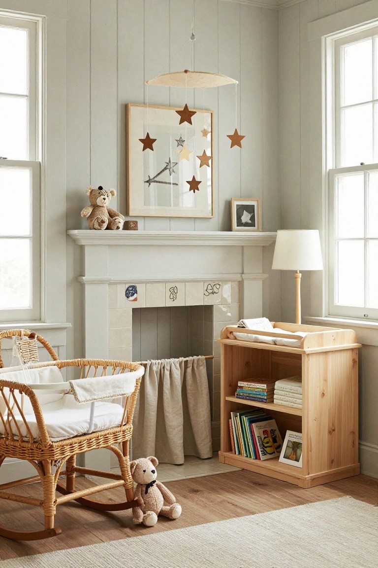 A light-filled nursery with a wicker rocking chair, wooden changing table, white fireplace mantel, and star-themed wall decor.