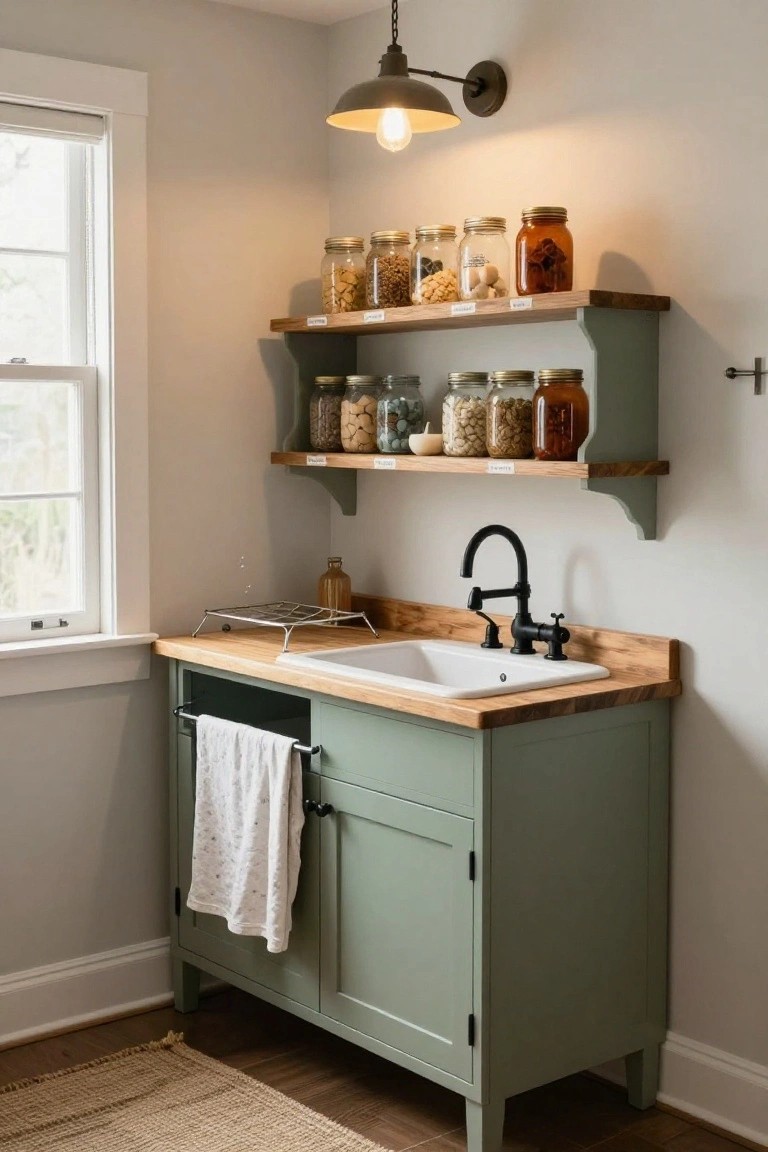 A utility sink with sage green cabinets, a wooden countertop, black faucet, and two open wooden shelves holding rows of glass jars filled with dry goods.