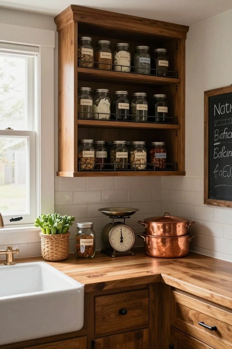 Rustic kitchen with wooden shelves of labeled jars, copper pots, and white sink