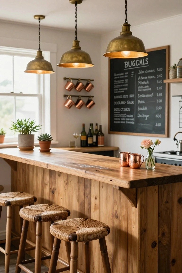 A rustic wooden bar counter with woven stools, copper mugs, hanging brass pendant lights, and a chalkboard menu in a home interior.