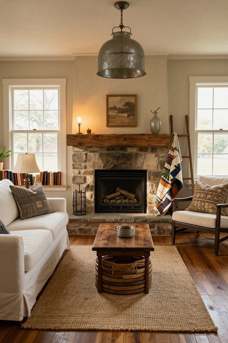 Cozy living room with stone fireplace, white sofa, wooden coffee table on jute rug.