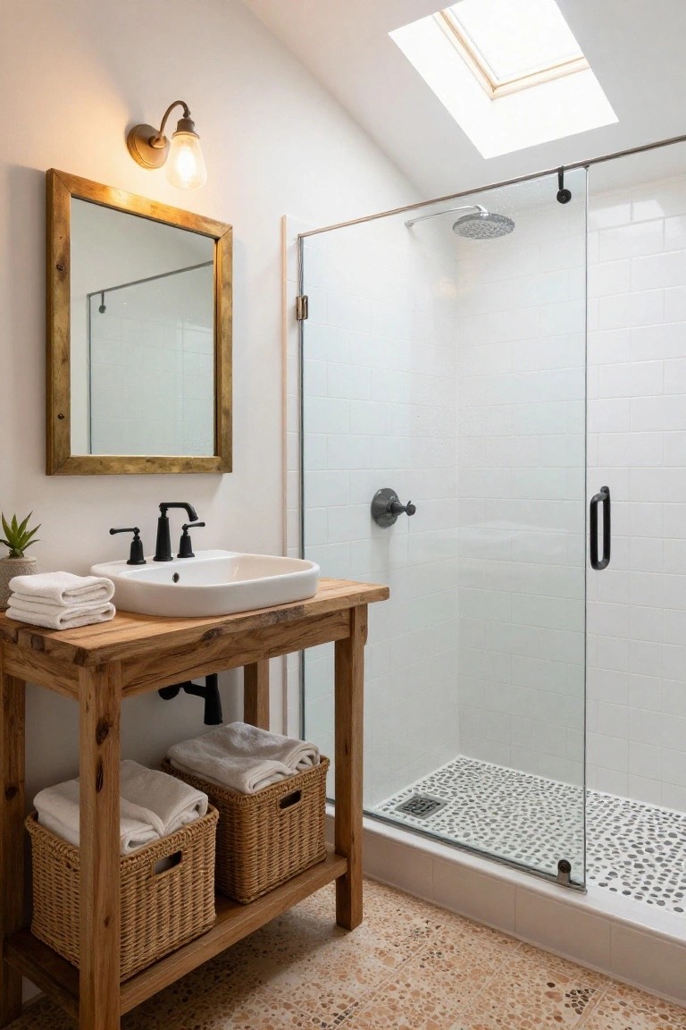 A bathroom with a rustic wooden vanity holding a white vessel sink, a wooden framed mirror above it, woven baskets on the lower shelf, and a glass-enclosed shower with white subway tile.