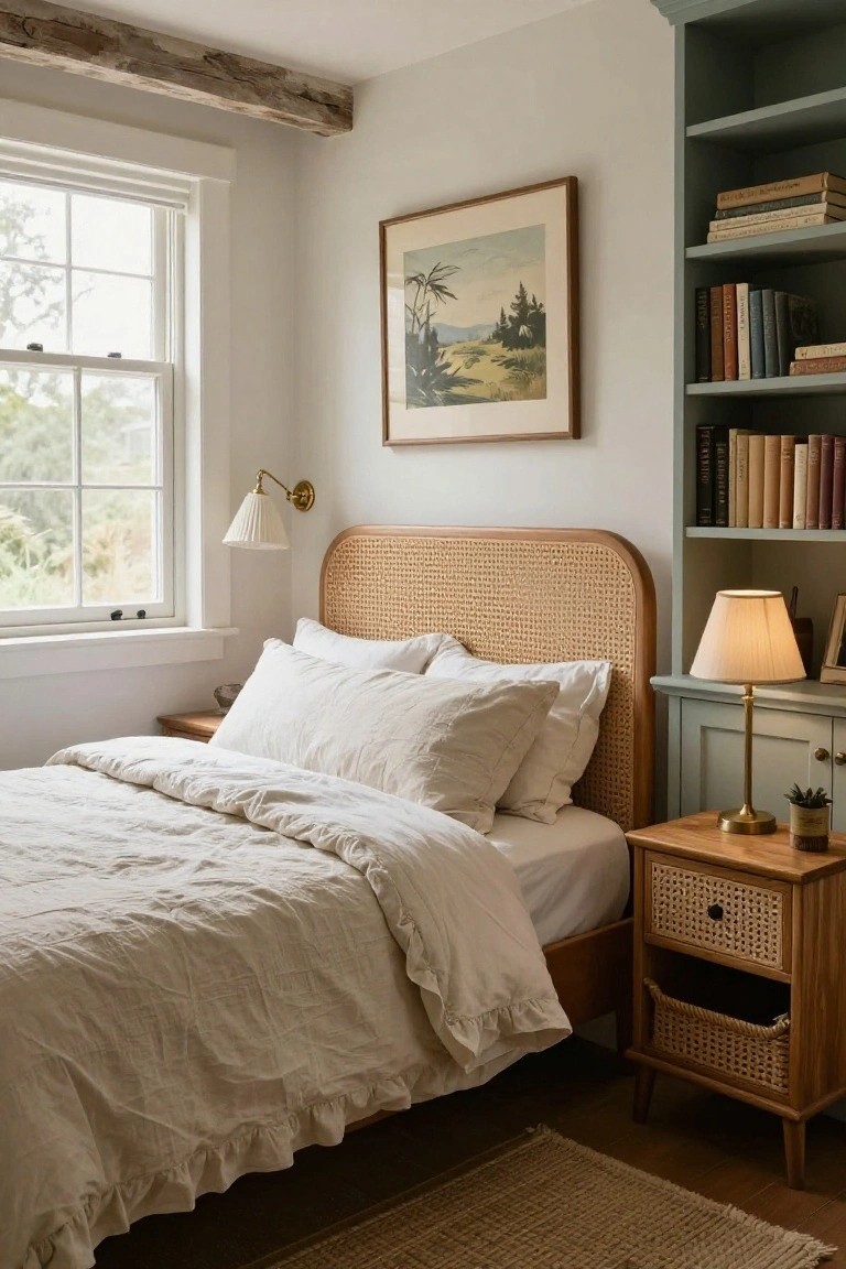 A bedroom with a wooden bed frame featuring a woven cane headboard, white linens, wooden nightstands with woven accents, and built-in bookshelves.