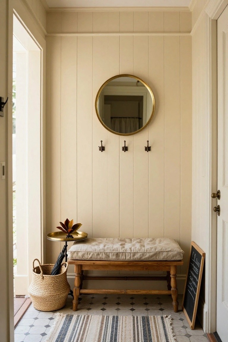 A narrow interior entryway with vertical paneling, a round gold mirror, three wall hooks, a wooden bench with beige cushion, a side table, and a woven basket on patterned tile flooring.