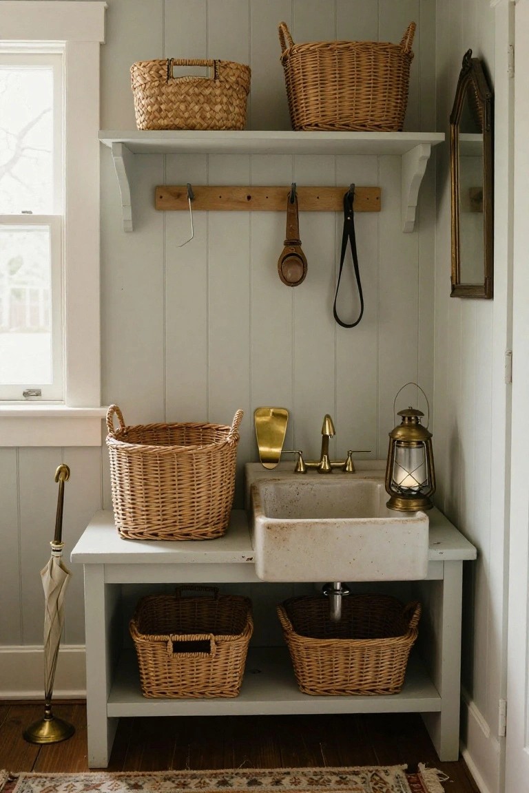A white utility sink on a table with multiple woven baskets placed on the counter, under the sink, and on a wall shelf above in a light paneled room.