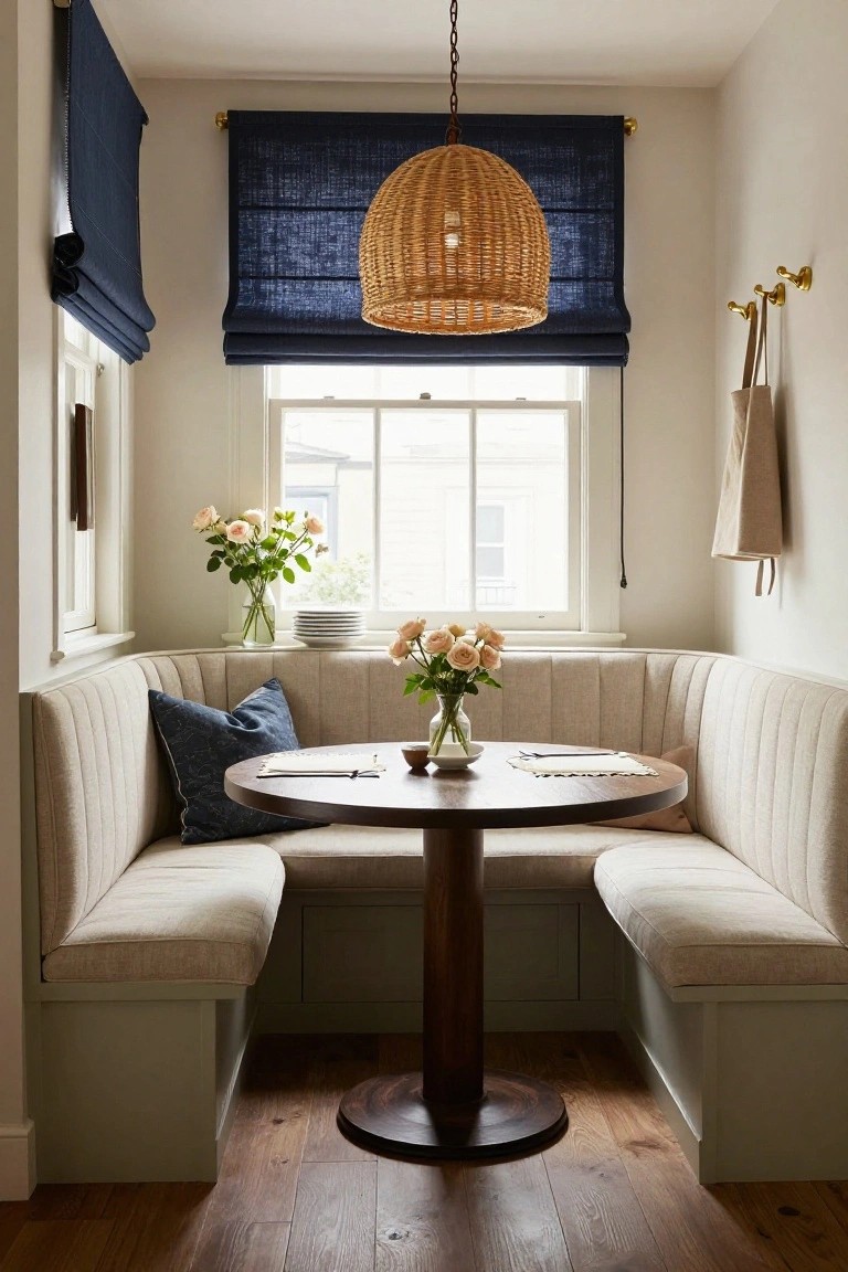 A small dining nook with built-in banquette seating around a round table under a window with blue roman shades and a woven pendant light.