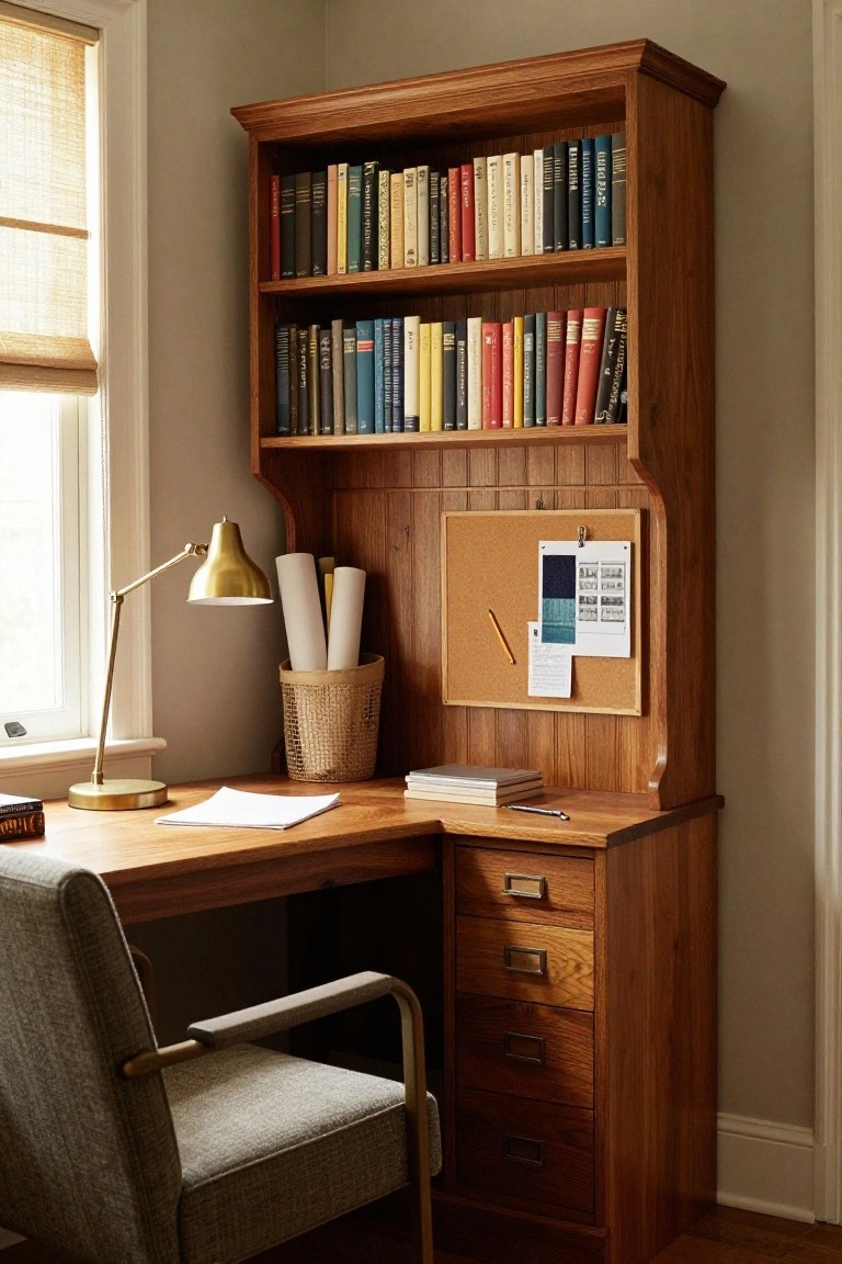 A wooden corner desk with upper bookshelves, lower drawers, a desk lamp, and a corkboard mounted on the back panel.
