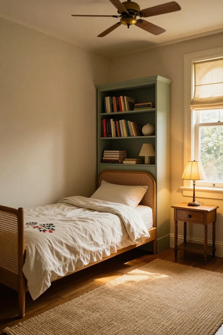 A small bedroom with a wooden bed, white bedding, a built-in light green bookshelf filled with books, and a wooden nightstand beside a window.