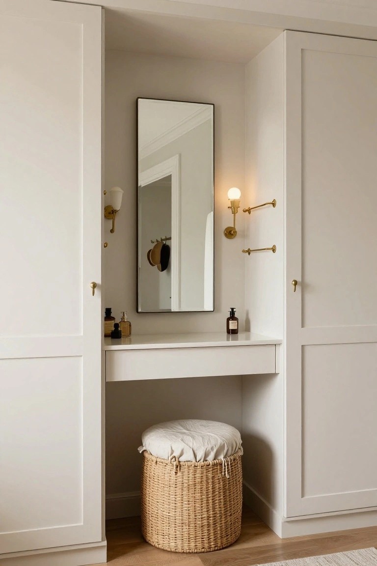A built-in white vanity with a rectangular mirror, gold sconces, and a woven basket stool inside a closet alcove.