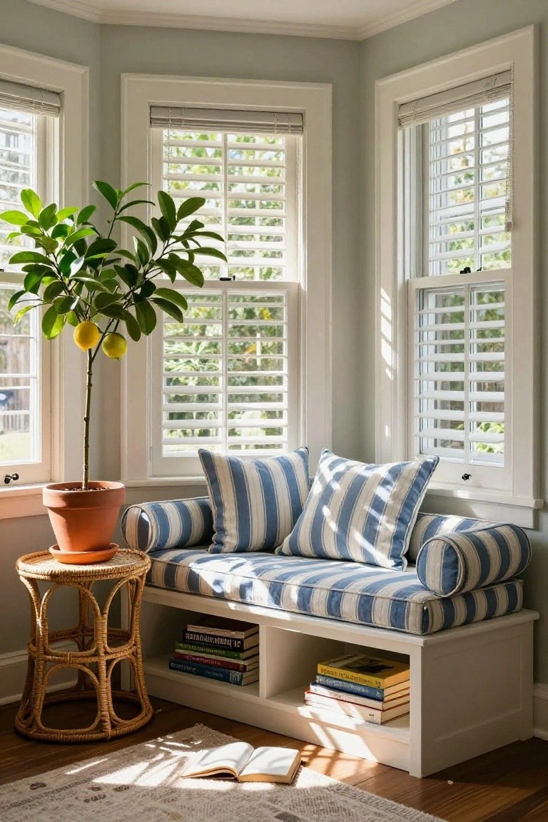 A white built-in window bench with blue striped cushions sits beneath three shuttered windows, with a potted lemon tree on a wicker stool to the left and books stored in the open compartments below the seat.