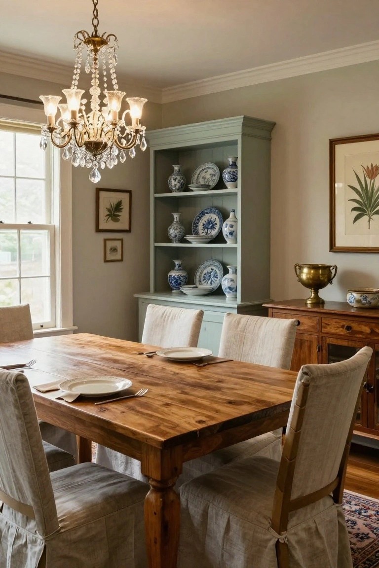 A wooden dining table with slipcovered chairs is placed in front of a light green built-in hutch displaying blue and white porcelain under a crystal chandelier.