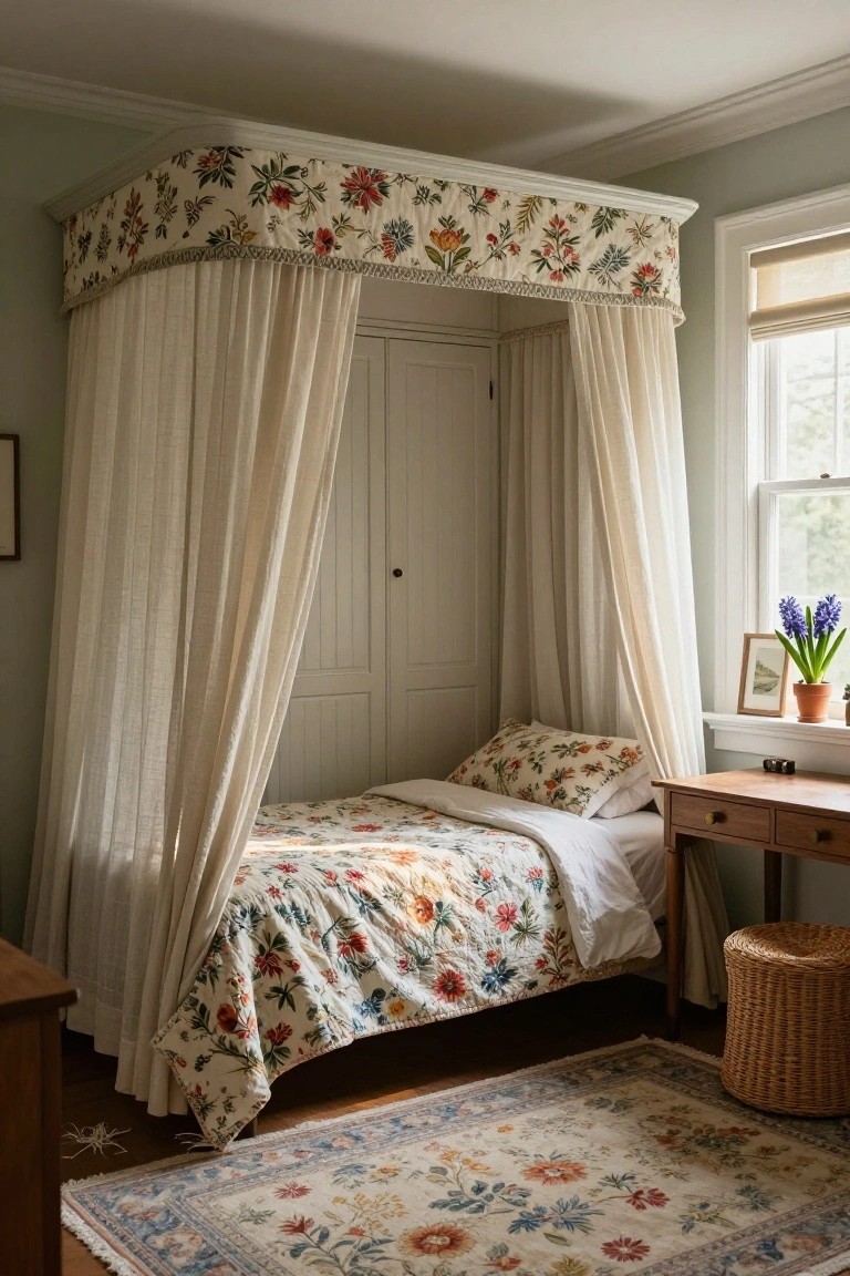 A small bedroom with a white canopy bed draped in fabric, floral patterned bedding and canopy top, a wooden desk, and a patterned rug on the floor.