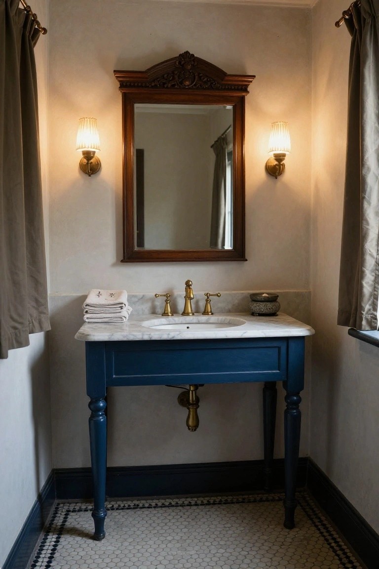 A blue painted console vanity with a white marble top and brass fixtures sits in a small bathroom beneath an ornate wooden mirror flanked by two wall sconces.