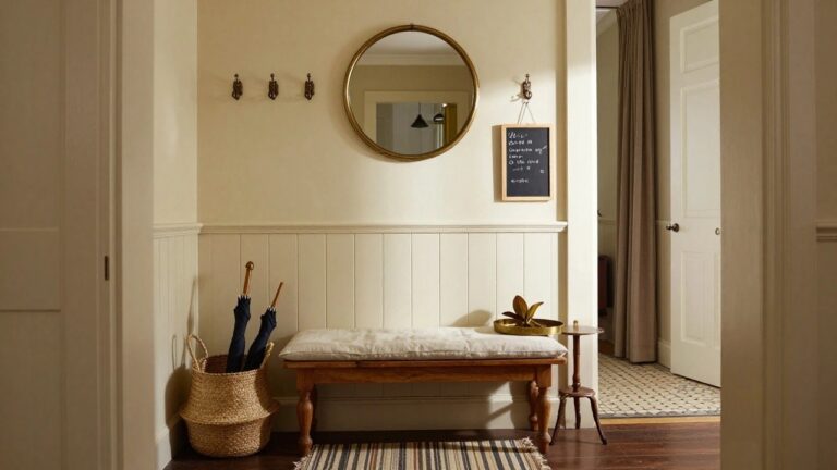A narrow interior entryway with vertical paneling, a round gold mirror, three wall hooks, a wooden bench with beige cushion, a side table, and a woven basket on patterned tile flooring.