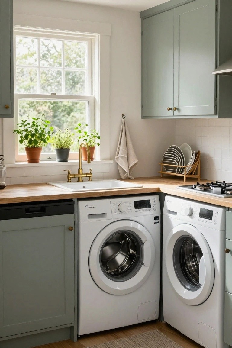 A kitchen corner showing two white front-loading washing machines under a wooden countertop next to a white sink with brass faucet, light green cabinets, and a window above.