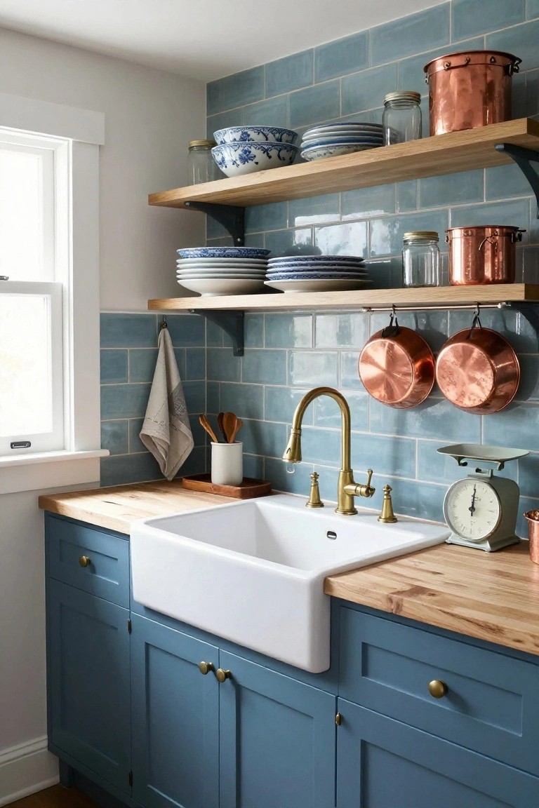 A kitchen corner with blue lower cabinets, a white farmhouse sink with brass faucet, and two wooden open shelves mounted on a blue tile backsplash holding blue and white dishes along with copper pots.