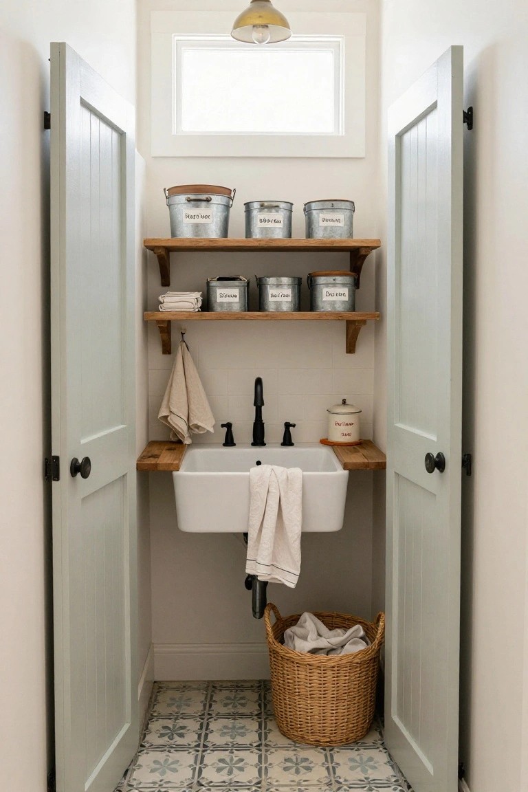 A narrow utility room viewed through open gray doors, featuring a white farmhouse sink below two wooden shelves holding labeled metal bins and folded towels, with a wicker basket on patterned tile flooring.