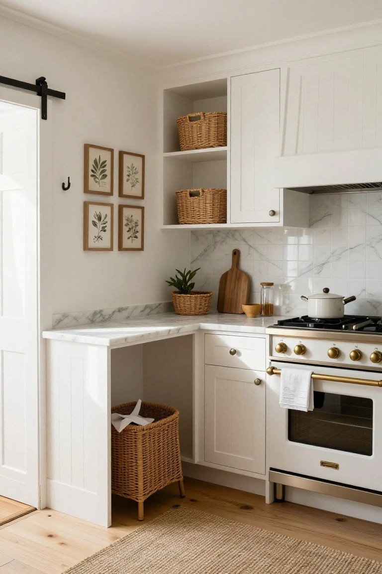 A small white kitchen corner with open upper shelves holding two wicker baskets, marble countertops, and a gas range with brass hardware.