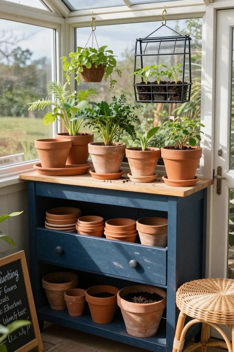 Blue cabinet with terracotta pots, plants, and hanging baskets in sunroom