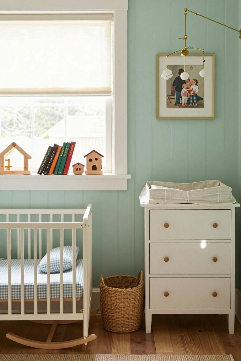 A small nursery with pale green walls, a white rocking crib, a white three-drawer dresser with changing pad, wooden toys and books on the windowsill, and a wicker basket on the floor.