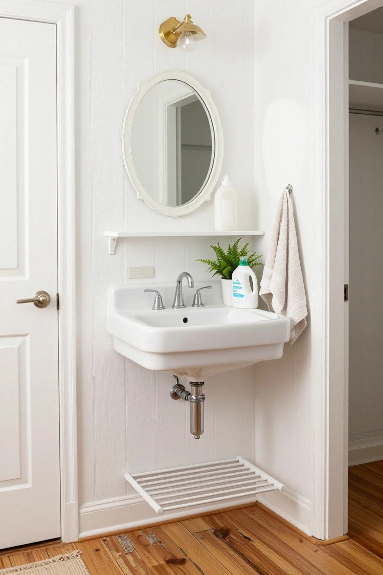 A small white bathroom featuring a wall-mounted sink, oval mirror above, small shelf, and white drying rack on a wood floor.