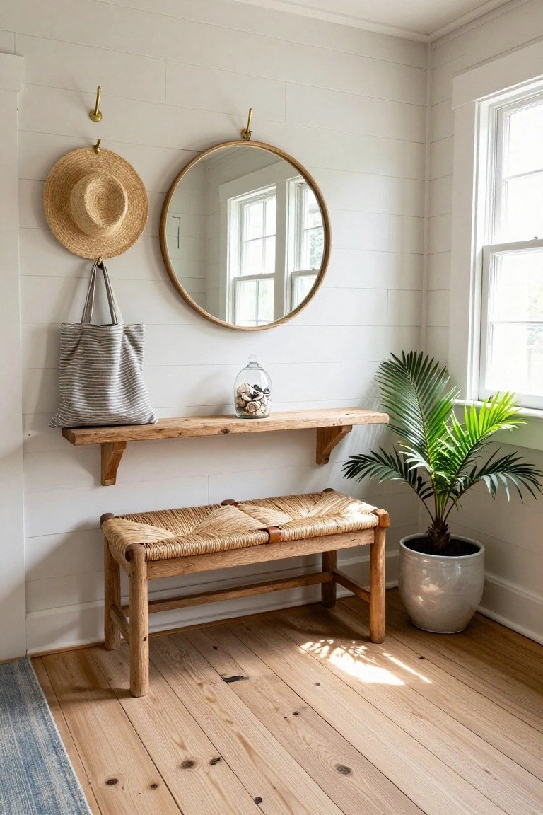 A white-walled entryway with a wooden bench under a floating shelf, a round mirror above, and a potted plant to the side.