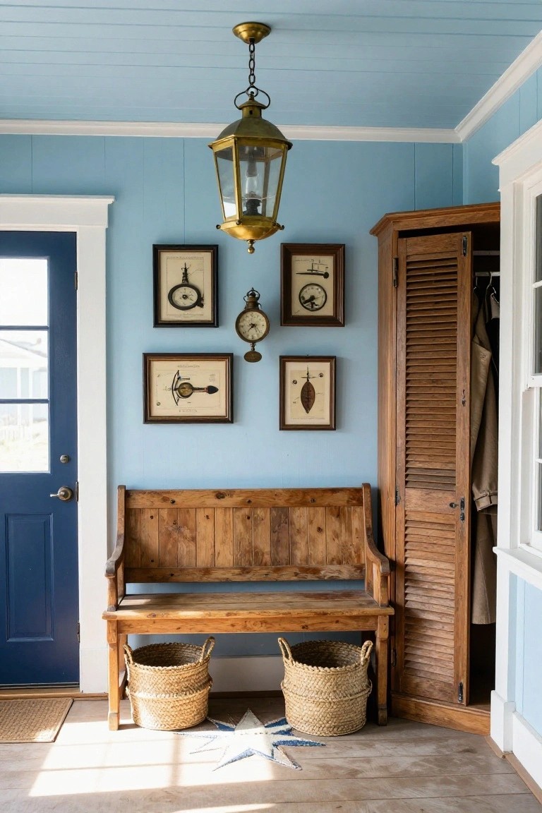 Light blue entryway with wooden bench, baskets, brass lantern, framed art, and wardrobe