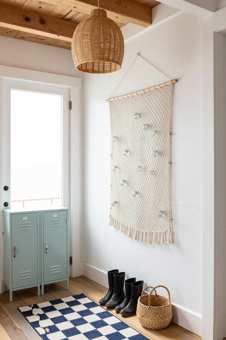 An entryway interior with a large off-white macrame net wall hanging containing round glass floats, a woven pendant light above, mint green lockers beside a white door, black boots on the floor, a woven basket, and a blue and white checkered rug.