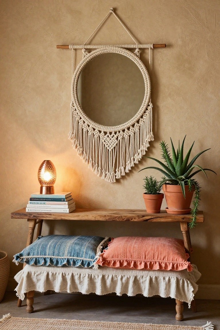 A wooden bench with blue and coral cushions sits below a round macrame mirror, with stacked books, a lamp, and potted plants nearby.