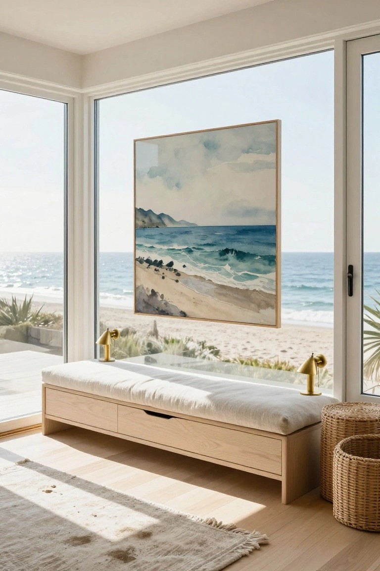 A light wood storage bench with a white cushion is positioned beneath large windows overlooking a beach, with a coastal painting hanging above it.