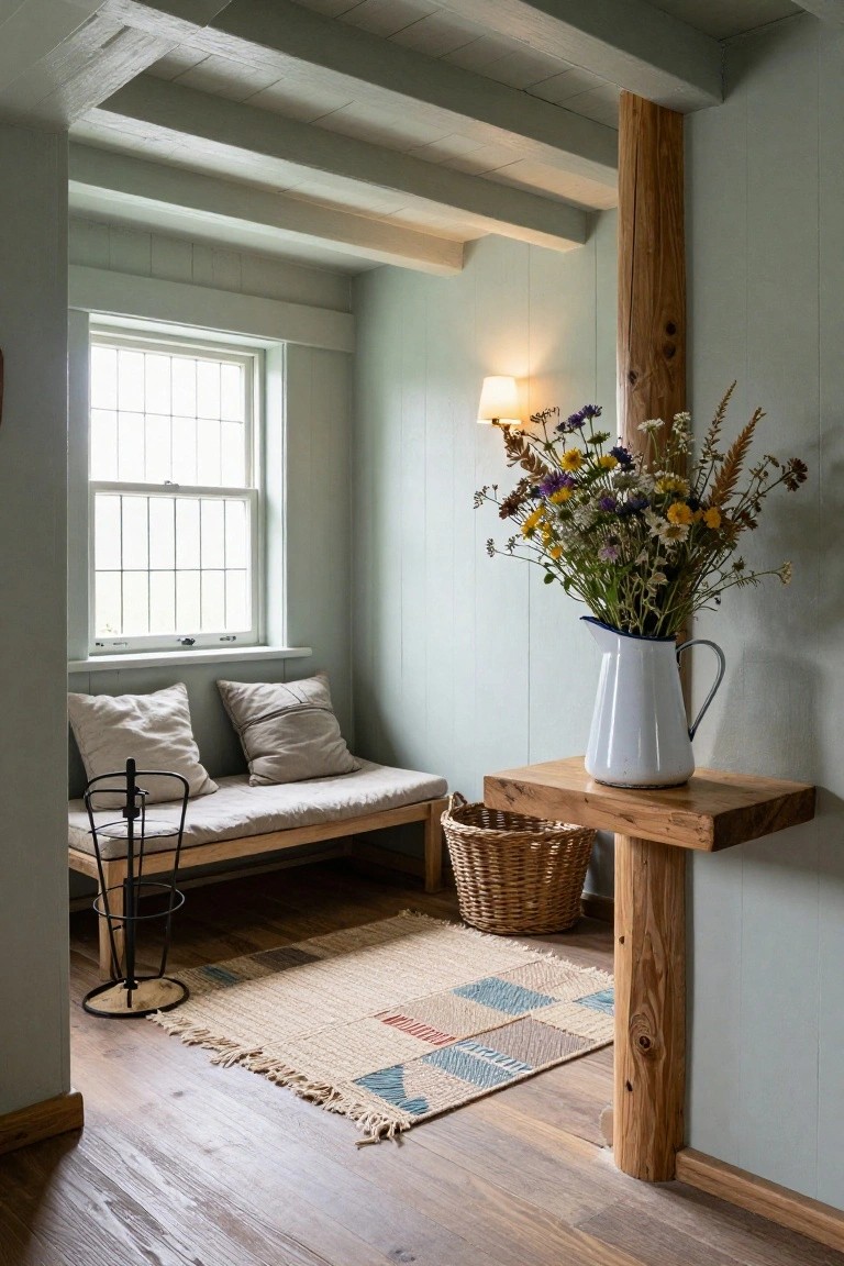 An interior entry space with a wooden window bench topped with beige cushions, a small wooden side table holding a white enamel pitcher of wildflowers, a woven rug on the floor, and visible ceiling beams.