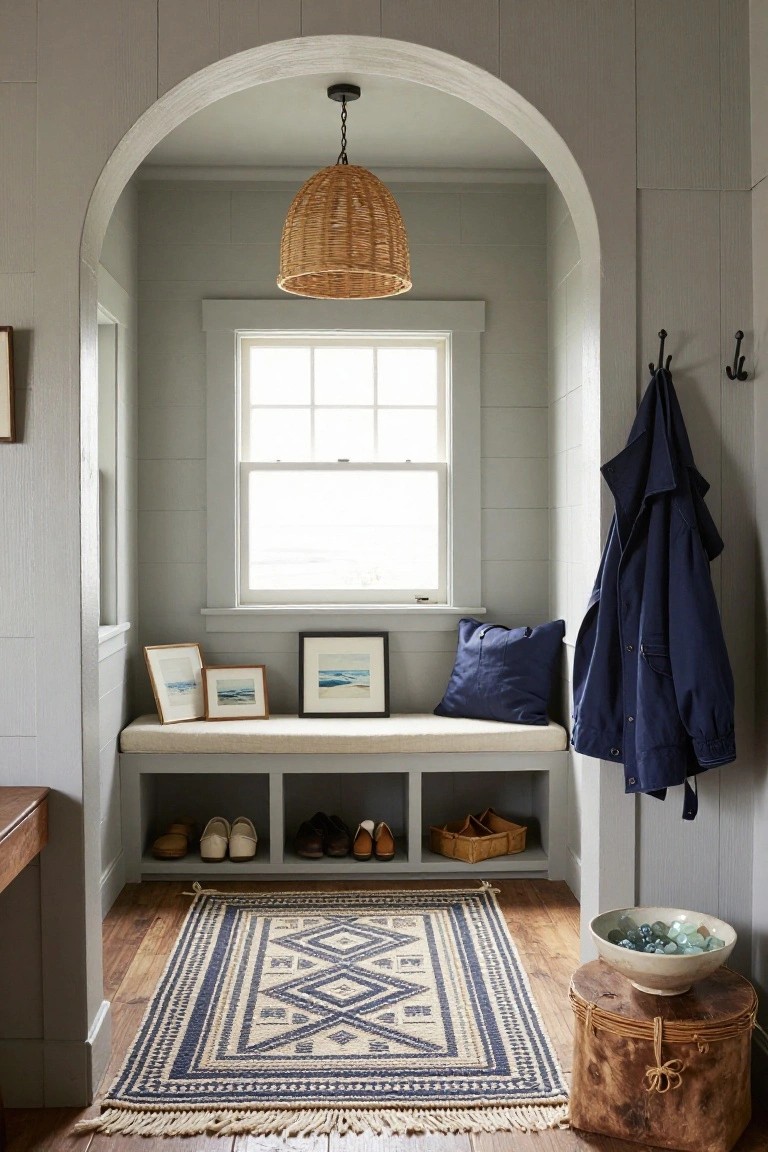Arched gray alcove with window bench, wicker light, blue jacket, shoes, and patterned rug