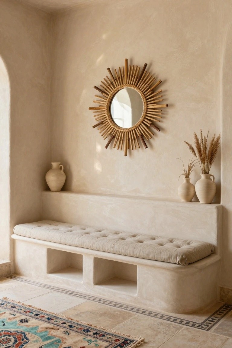 A recessed built-in bench with a light cushion and open storage cubbies sits below a round sunburst mirror on a plain wall, with two vases on the ledge above.