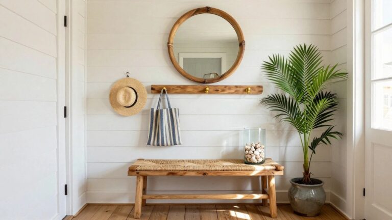 18 Stylish Coastal Entryway Ideas That Make a Fresh First Impression A white-walled entryway with a wooden bench under a floating shelf, a round mirror above, and a potted plant to the side.