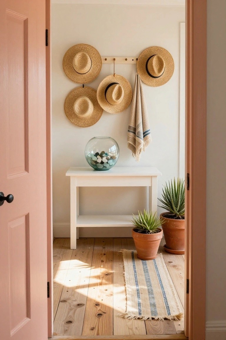 An entryway viewed through an open pink door, featuring a white console table with a glass bowl, potted plants on the floor, and straw hats hanging from a wooden rack on the wall.