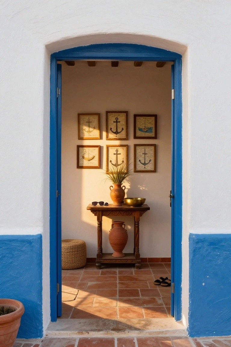 A view through an open blue doorway into an entryway showing a wooden console table beneath six framed nautical prints on the wall.