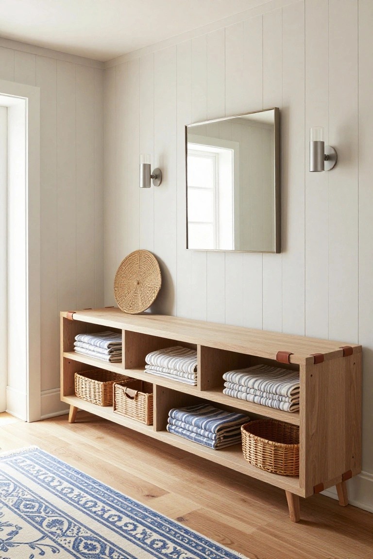 Wooden console with striped linens, wicker baskets, and wall mirror with sconces